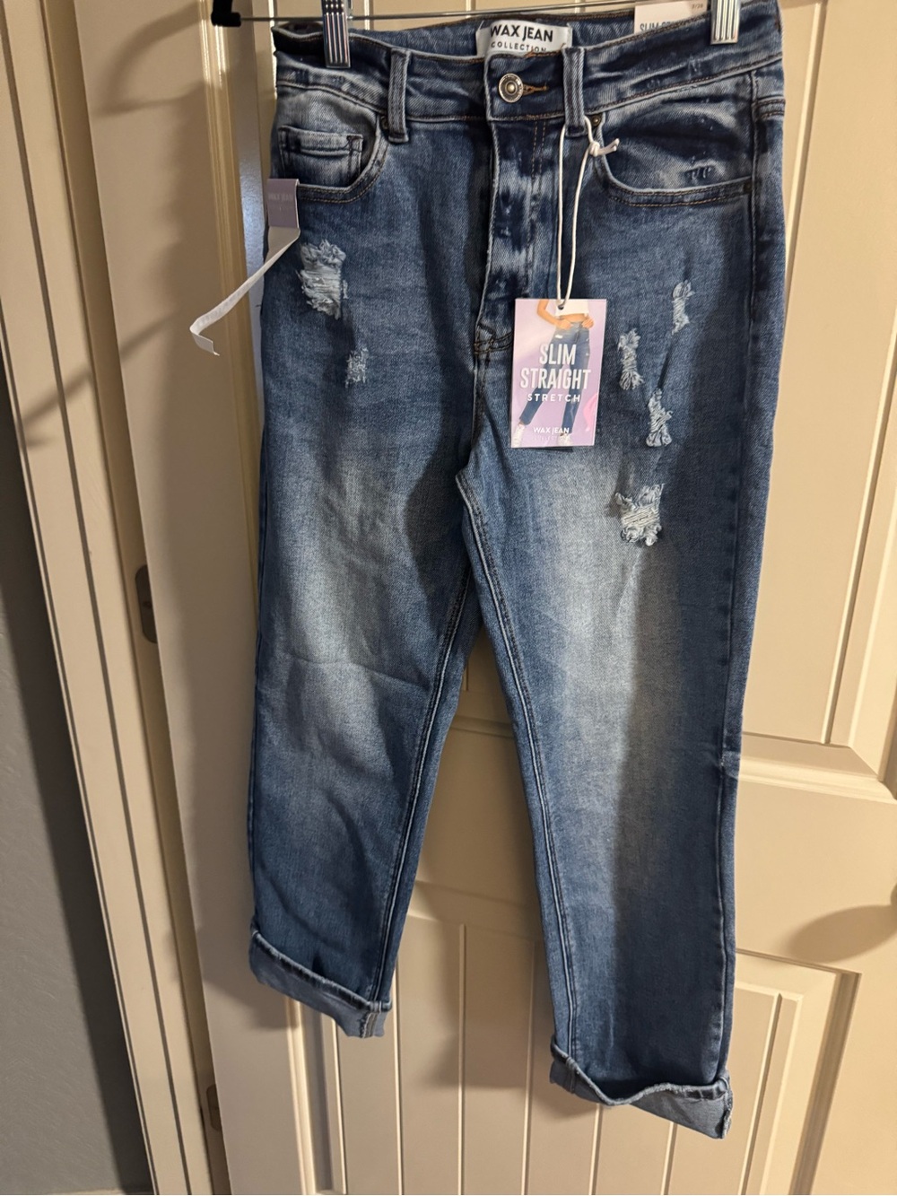 Wax Jean Distressed Slim Straight Jeans - Medium Blue